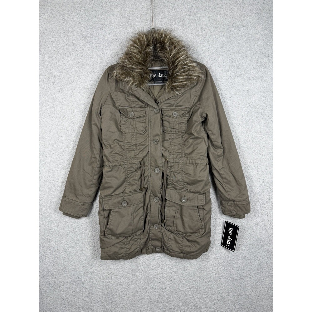 Y2K Me Jane Women's Khaki Military Utility Parka Faux Fur Trim Hood Coat S NWT